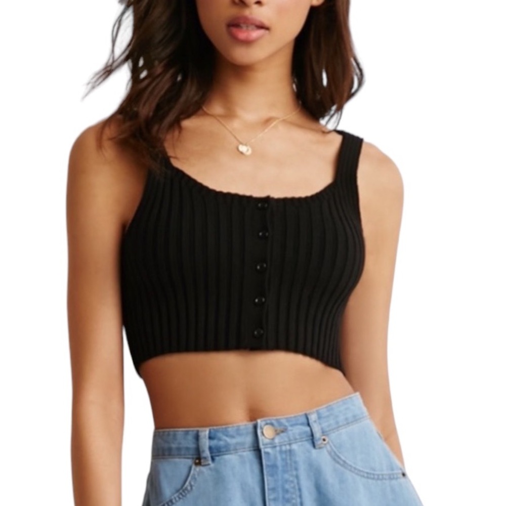 Black Knit Ribbed Button Down Crop Top